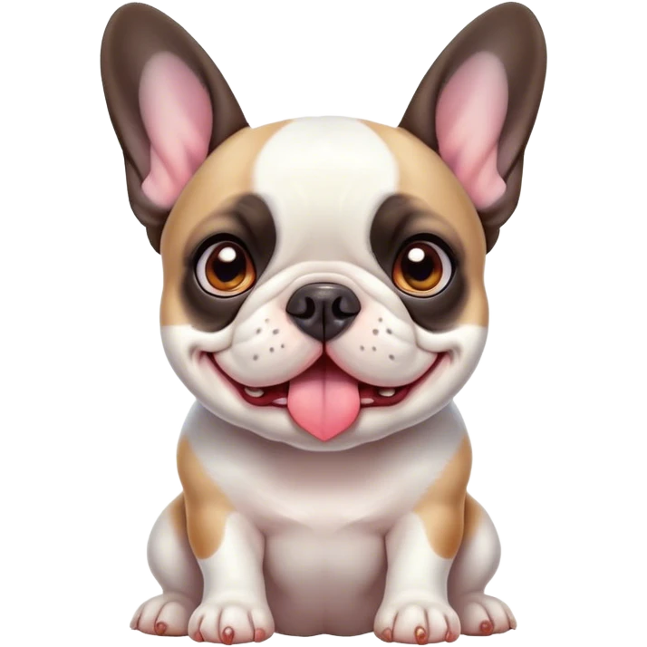 Cinematic Cute Pied French Bulldog Portrait Emoji, Head tilted with a sweet, mischievous grin and large, inviting eyes, featuring a unique pied fur of contrasting colors, simplified yet irresistibly endearing, highly detailed, glowing with a warm, playful radiance, high shine, exuding a quirky charm and affectionate personality, styled with a soft, lighthearted outline, capturing the essence of a cute Pied French Bulldog that looks ready to charm its way into your heart! emoji