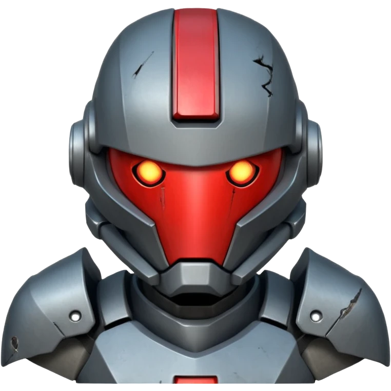 futuristic war robot portrait, head and shoulders only, aggressive design, sharp armor edges, glowing red eyes, battle-damaged helmet faceplate, heavy armor collar, intense dramatic lighting, sci-fi metal textures, 3D cartoon, mobile game icon style, clean background, no text, no watermark
 emoji