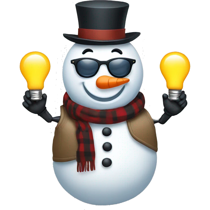 snowman  with sunglasses and vest. Stick arms holding light bulb emoji
