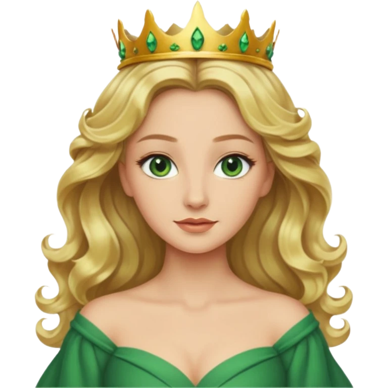 Queen, blonde wavy hair, green eyes, long green dress emoji