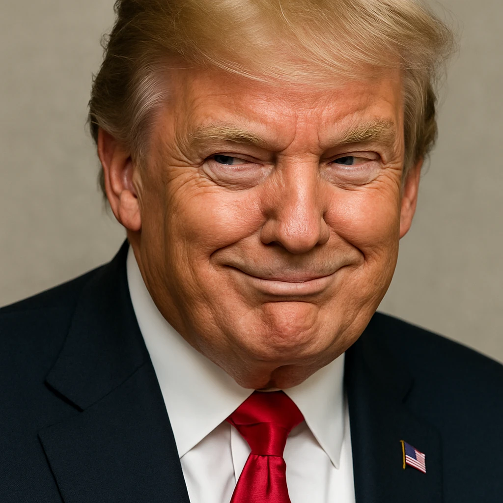 Increase contrast slightly for a more vivid look while keeping the very sly, cunning expression on Donald Trump's face, photorealistic quality, and plain background. The style is photorealistic. emoji