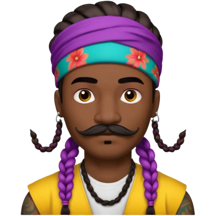 big lose braids starting from the top of the head man with mustache face wiith big visible braids and mono color headband on head  face and braids as big as headband and lots and lots of face tattoos colored tattoos like a tattoo artist hair unique color emoji