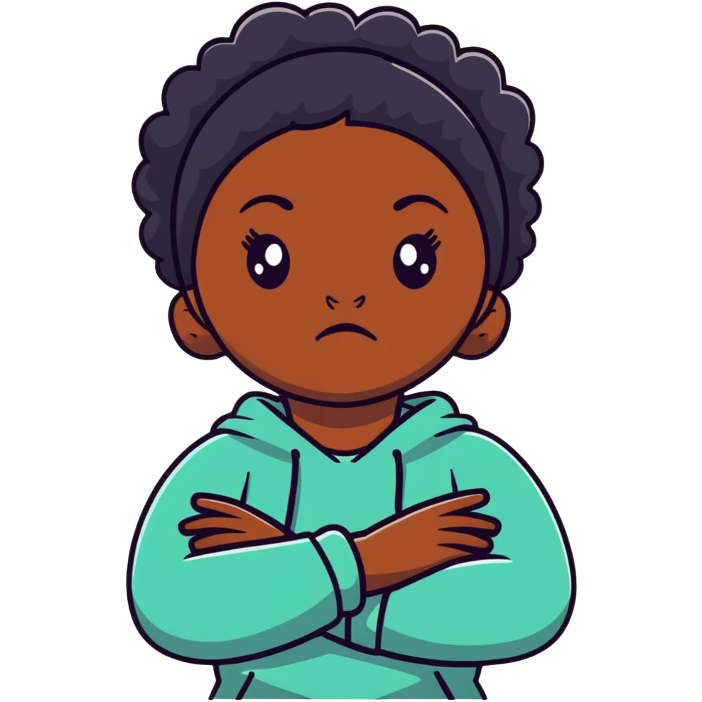 Upset Black girl with dark skin crossing arms with angry expression emoji