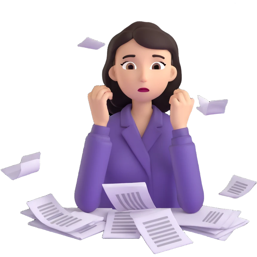 tired woman with flying papers around her emoji