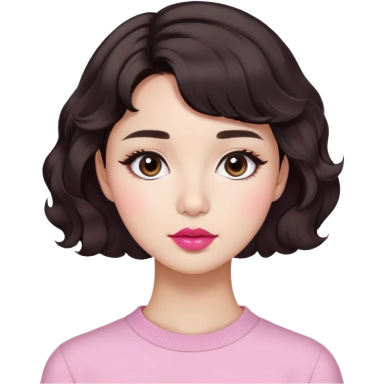 woman with short wavy dark brown hair, morena skin, round nose, soft dark pink lips, Pinterest aesthetic, Korean haircut emoji