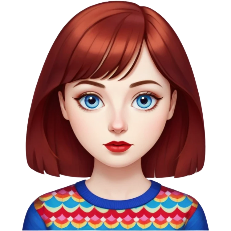 Artistic young woman with pale skin, oval face, large expressive blue eyes with eyeliner, thin arched eyebrows, small nose, full lips with red lipstick, dark auburn hair that's straight with slight waves at ends, straight bangs, wearing a bright colorful patterned top, warm creative expression emoji