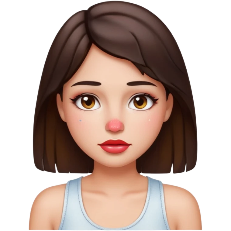 “Emoji brunette girl white tanktop, dewy skin, heavy blush across cheeks and nose bridge, glossy cherry lips, soft eyeliner, teary sparkling eyes like hanni from new jeans emoji