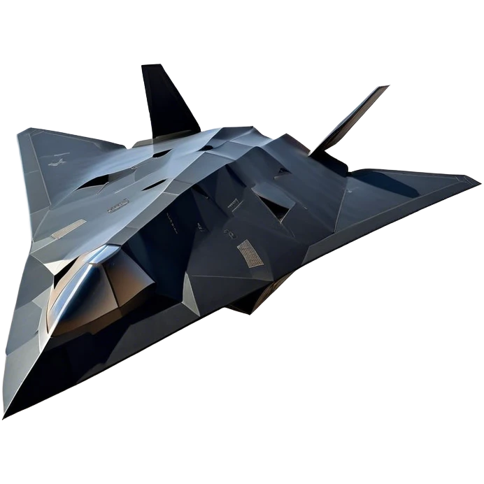 F-117 Nighthawk - Lockheed Martin (Stealth Grey) A futuristic stealth attack aircraft with a distinct faceted, angular design in a stealthy matte grey. Its sharp, jagged edges and unconventional, almost alien-like shape make it look like a shadow cutting through the night sky. The surface should appear non-reflective with subtle panel lines. emoji