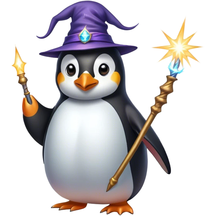 penguin wizard with magical sparks coming out of his wand emoji