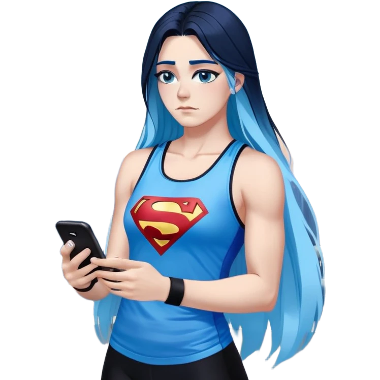 Shameful disappointed crying-very very very very big chest-texting on a samsung cell phone-very long straight flowing black to sky blue hair ombre-blue eyes-black eyeliner-long eyelashes-plastic sparkling sky blue very low cut tank top with sparkling superman logo-black leggings-nike sneakers emoji