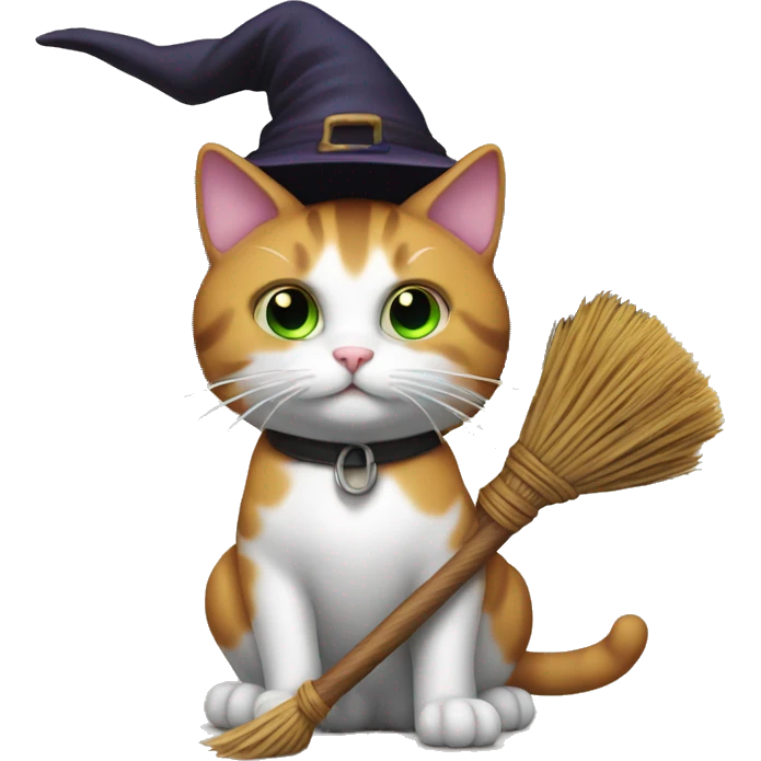 cat with witch hat on a broomstick emoji