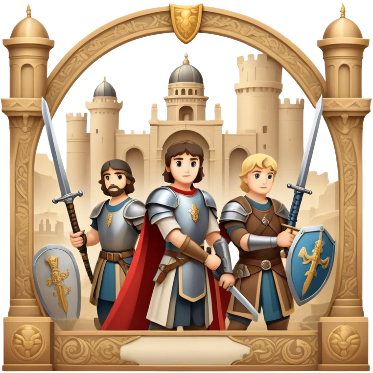 Icon for Historical Movies: A vintage movie poster-style design with elements of ancient architecture, historical figures in period costumes, and a backdrop of a historical event or battle. Include scrolls, swords, and shields. Retro cinematic feel. Transparent background. emoji