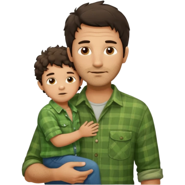 A father with messy medium-length dark hair and light stubble, wearing a green flannel shirt. He holds his one child who has short curly brown hair and a cream-colored romper. Cozy warm lighting, authentic family moment. emoji
