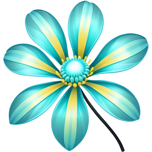 Pastel black and cyan iridescent transparent bio-luminescent flower with yellow stripes emoji