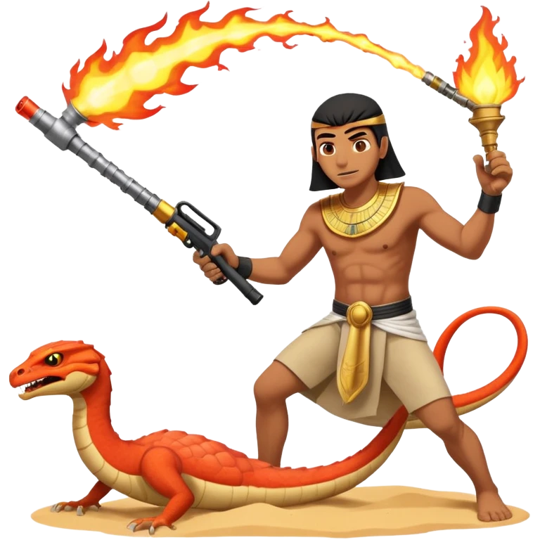 an egyptian man fighting a sand viper using a flamethrower emoji