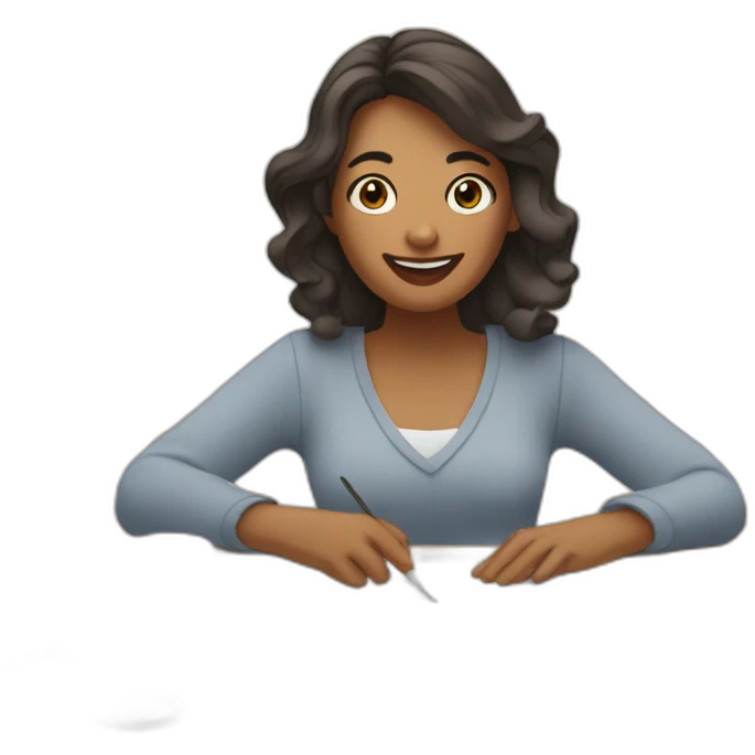 A woman who is doing craft on at table which has cricut on one side and craft supplies on other side emoji