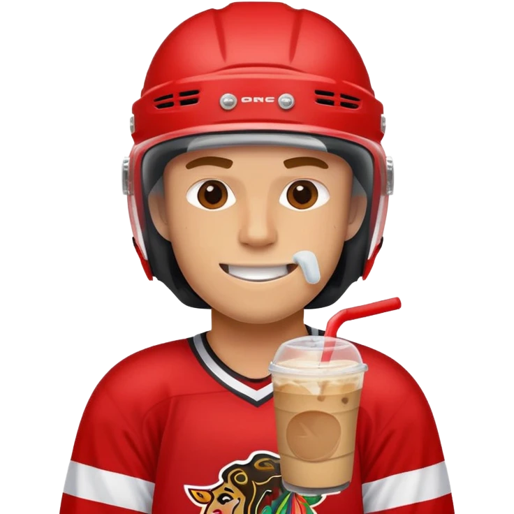 hockey player wearing red drinking an iced coffee wearing a helmet with missing teeth   emoji