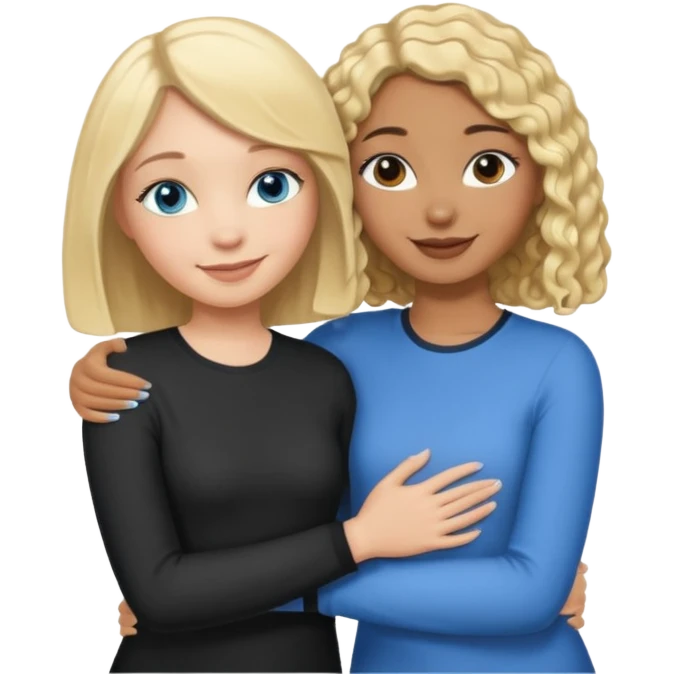 Girl best friends: one taller white girl with straight blond bob and blue eyes, one shorter black girl with long black curly hair, hugging emoji