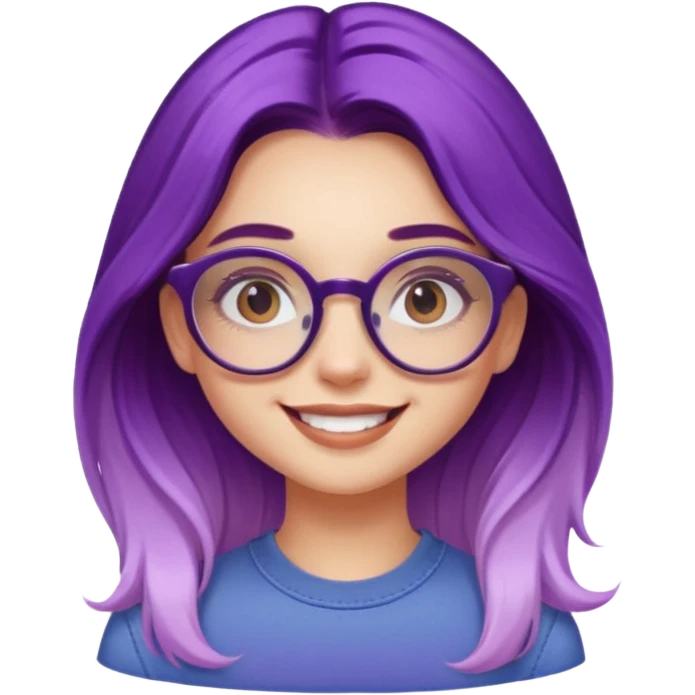 smiling influencer girl, young, long purple ombre hair, retro round glasses, trendsetter emoji
