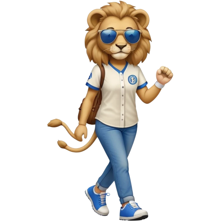 confident anthropomorphised female lion wearing a baseball shirt, jeans, trainers, dark sunglasses, walking upright, looking self-assured emoji