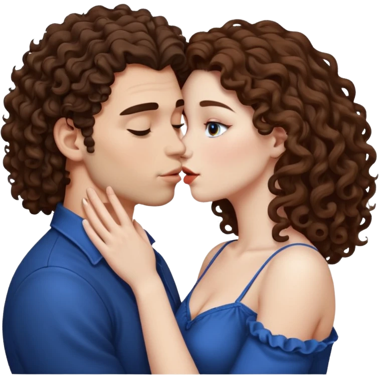 Couple kissing, the man would be white-skinned, curly-haired, brown. The serious woman with white skin, long hair and brown color  emoji