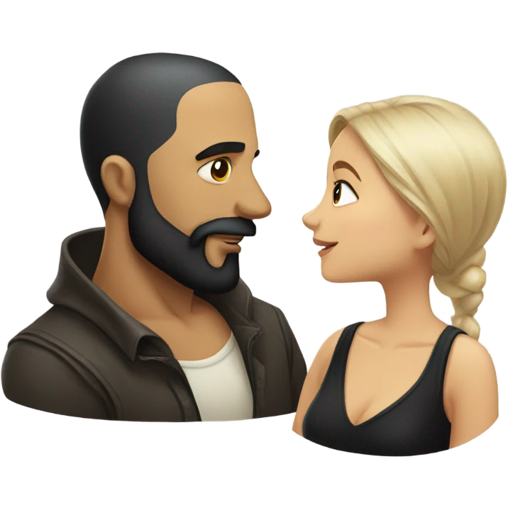 Bald man with black beard and girl long black hair kissing emoji