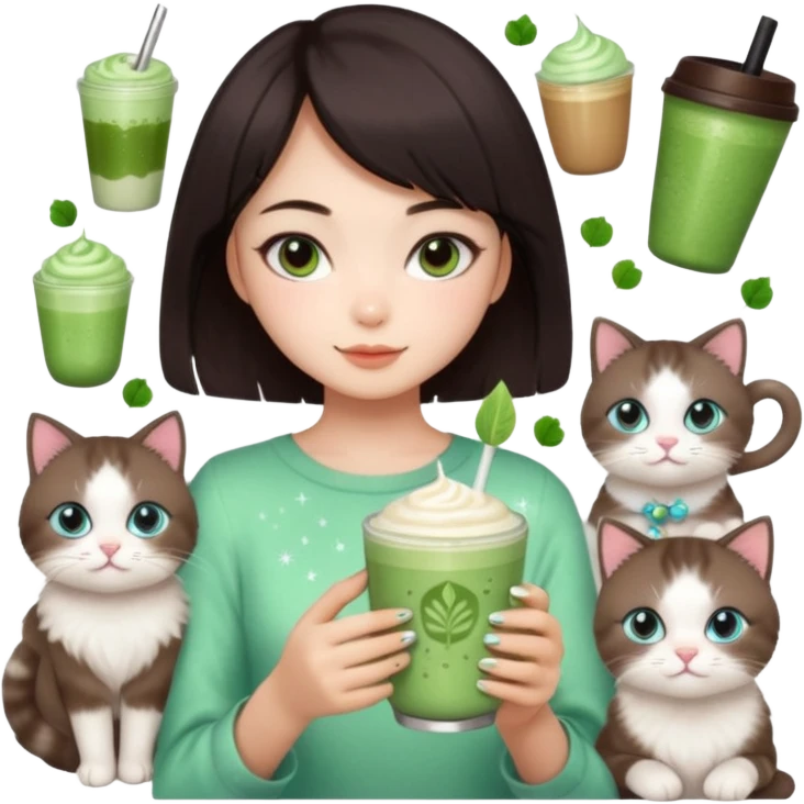 asian girl with shoart dark brown hair with a soft girl glowup aesthetic. matcha latte sparkles girly things, 2 ragdoll cats, skincare, makeup emoji