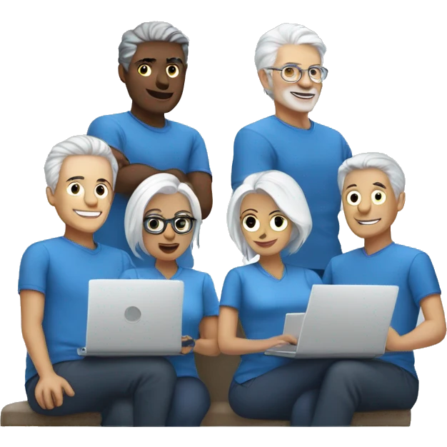 Teamwork with laptops with white hair in blue clothes emoji