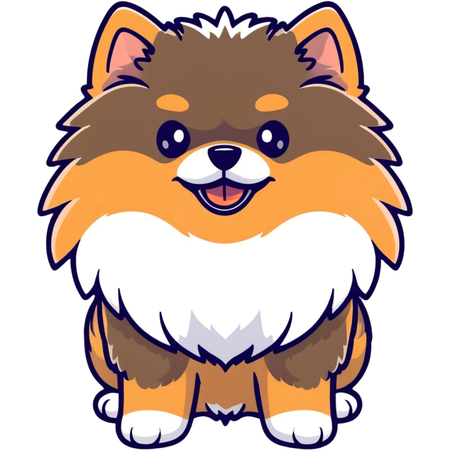 fluffy black and tan Pomeranian dog face, large round eyes, button nose, tan muzzle, tan eyebrow spots, thick ruff of fur, upright tousled ears, friendly and cute emoji