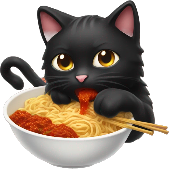 Fluffy black cat eating spicy buldak noodles  emoji