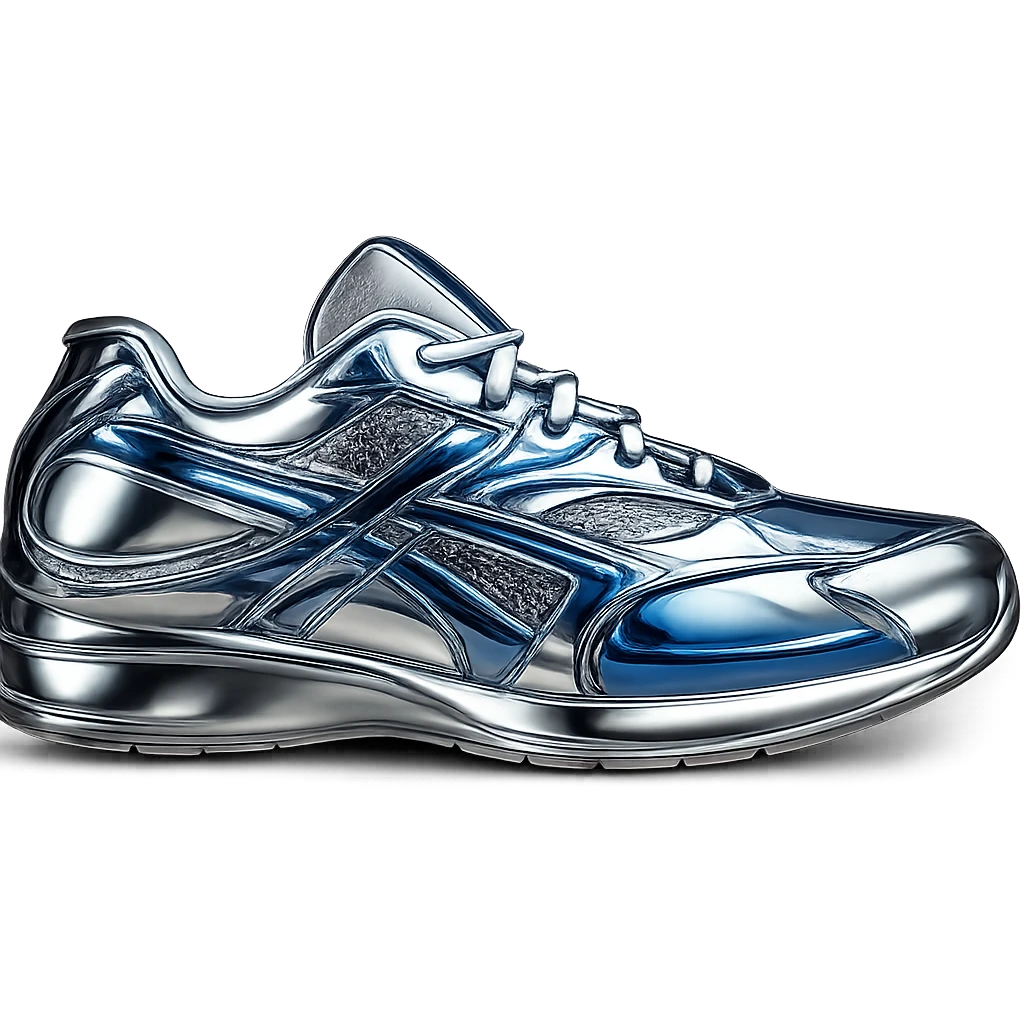 Transform the shoe into a highly reflective and metallic 3D chrome style with chrome blue accents, emphasizing the shiny and mirror-like surface. emoji