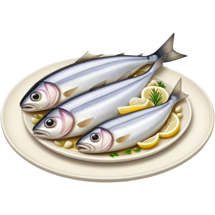Cinematic Realistic Herring Dish Emoji, showcasing a traditional preparation of fresh herring with onions rendered with lifelike detail and cool, crisp lighting. emoji