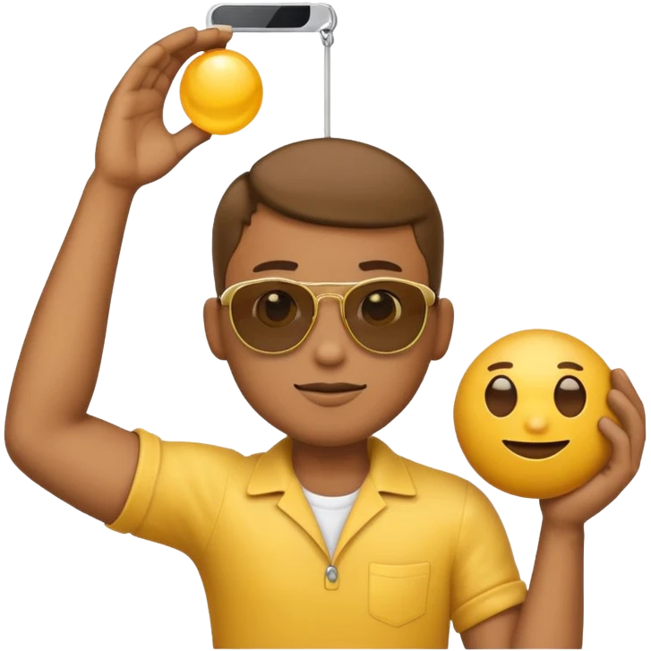 Cool emoji with shades and a handless arm hanging from his chin with a spherical object on either side emoji