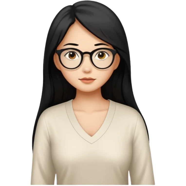 medium tan asian woman with long black hair past middle of back, round brown eyes, white v neck blouse. she has black thick frame glasses on. emoji