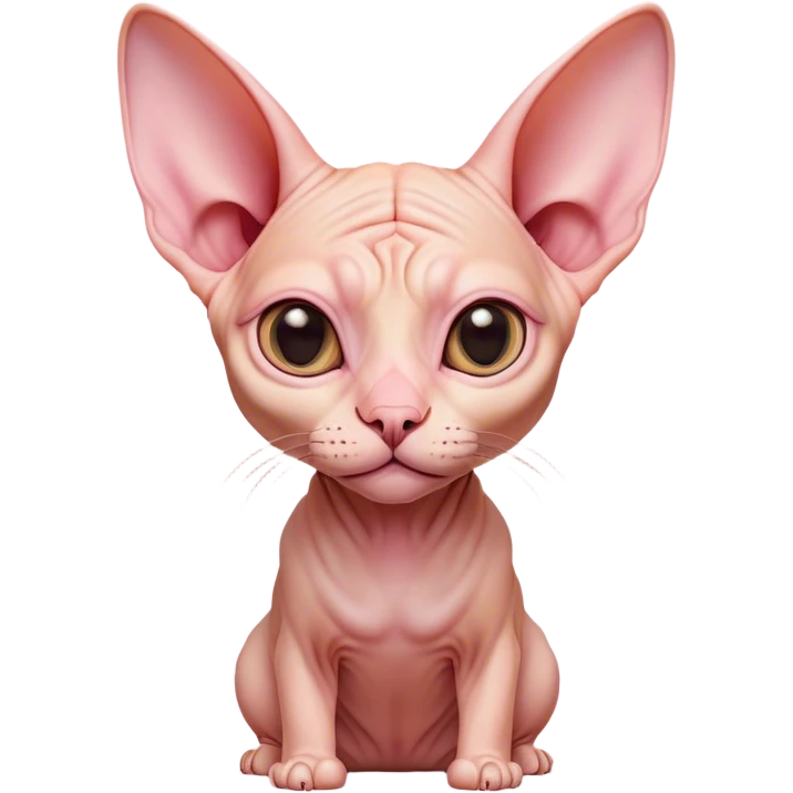 Cinematic Cute Sphynx Cat Portrait Emoji, Head tilted playfully and inquisitively, soft, wrinkled skin in warm peach and pink hues, oversized ears and wide, expressive eyes filled with curiosity, Simplified yet irresistibly adorable features, highly detailed, glowing with a warm, friendly glow, high shine, affectionate and lively, stylized with a touch of whimsy, bright and endearing, soft glowing outline, capturing the essence of a mischievous yet loving kitten, so playful it feels like it could pounce out of the screen and into your arms! emoji