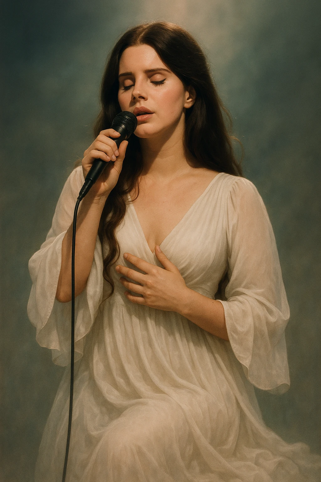 Lana Del Rey singing on stage, wearing a flowing white dress, holding a microphone, inspired by the song 'Heart Shaped Box', dreamy and emotive expression, soft lighting, detailed facial features, elegant pose emoji