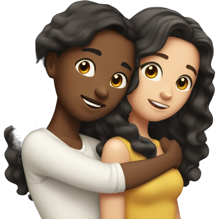 Two white best friends hugging one with wavy black hair and the other with straight brown hair emoji