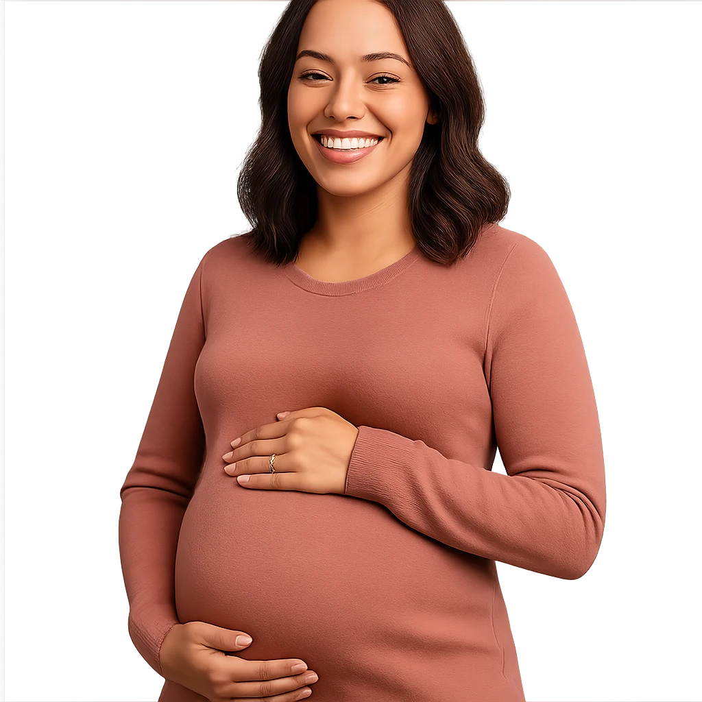 pregnant woman smiling, hands on belly, warm and friendly emoji