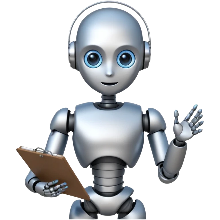 Portrait of a small humanoid robot with round head, metallic limbs, glowing eyes, holding a clipboard emoji