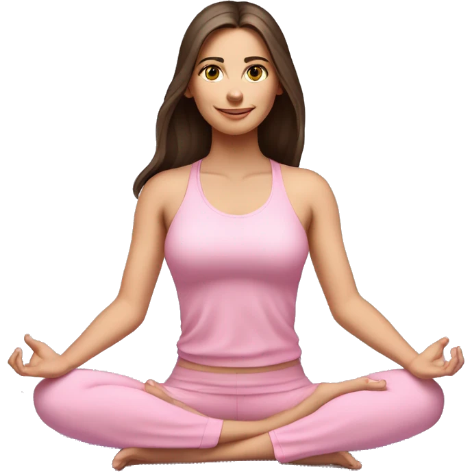Brunette long hair and blue eyes yoga beautiful girl in light pink pink pink clothes sitting on a yoga mat emoji