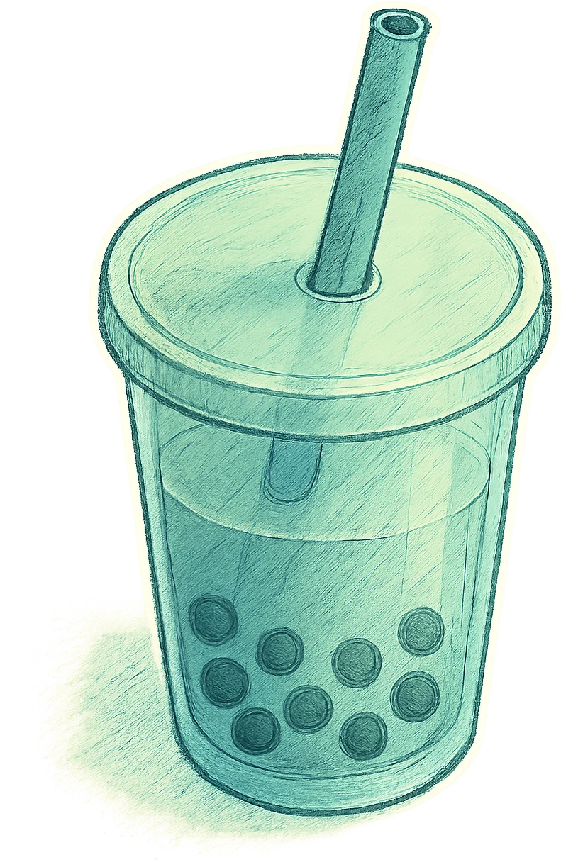 hand-drawn volumetric bubble tea cup with a straw, blue and green colors, top view, sketchy illustrated style, expressive shadows and highlights for 3D look emoji