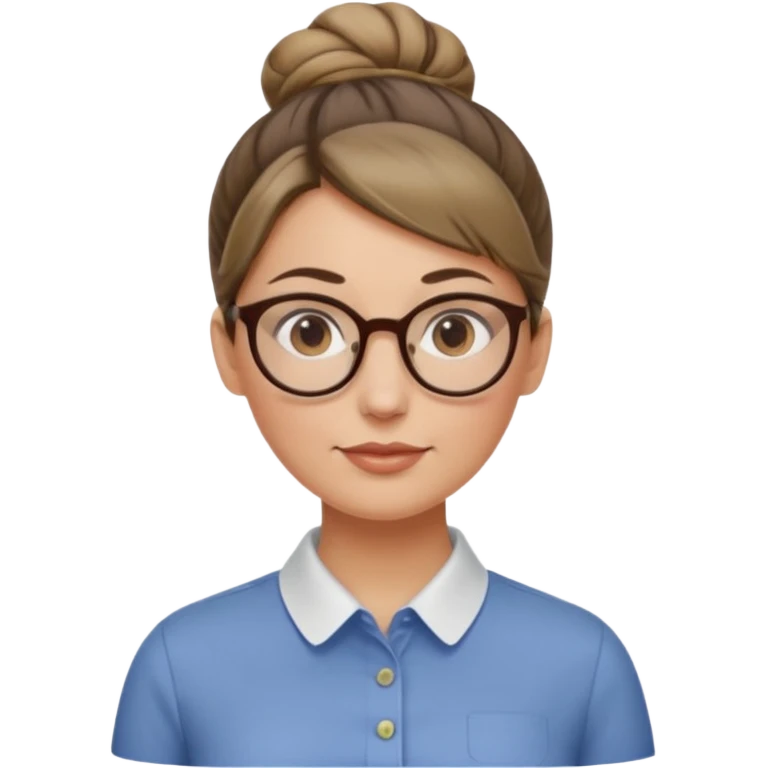 femme de 38 ans avec des cheveux blond foncé sans mèche devant, un chignon haut, yeux bruns, lunettes rondes, visage ovale emoji