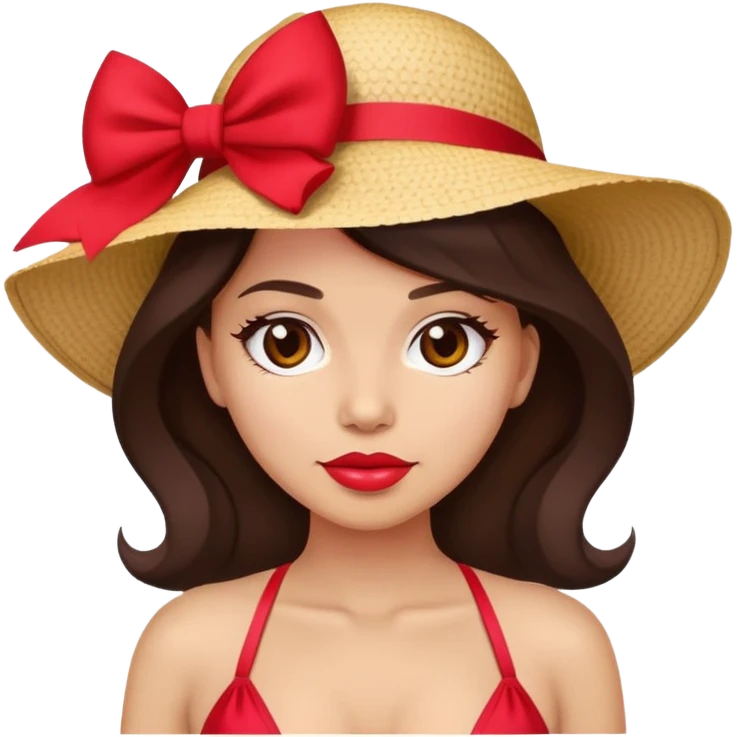 Women wearing a red bikini, she has dark brown hair, she has light skin, she has rosy lips, she is wearing a Sun hat with Red bow,  emoji