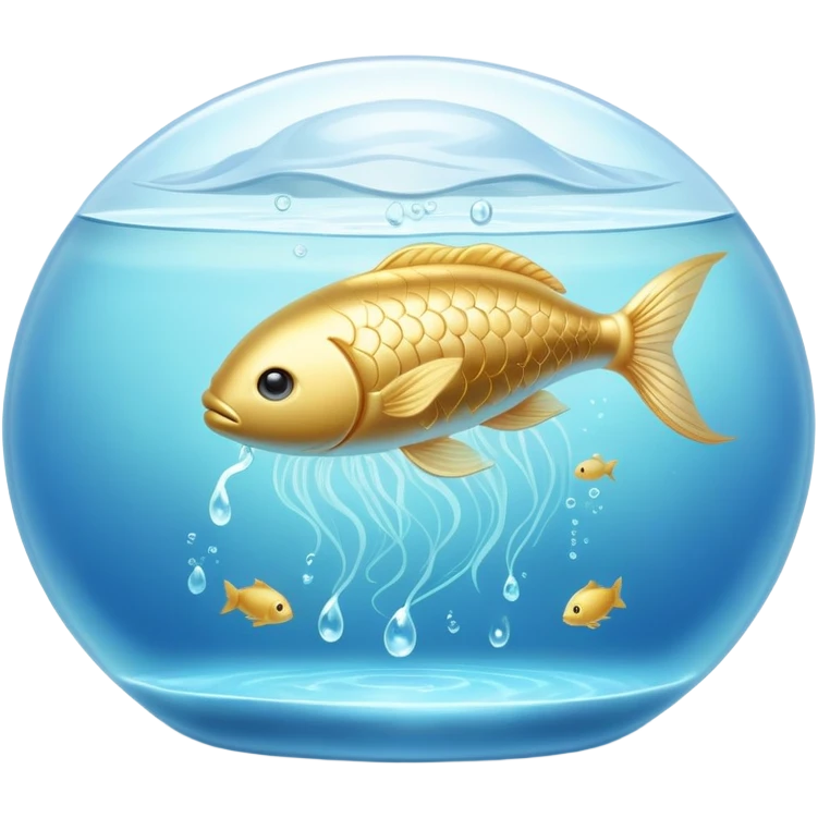 Golden capsule floating in a soft blue liquid current, with a translucent fish swimming around a luminous suspended brain. Small waves of light emanating from the brain as if expanding calm, focus and mental fluidity. Ethereal appearance with flowing elements. emoji