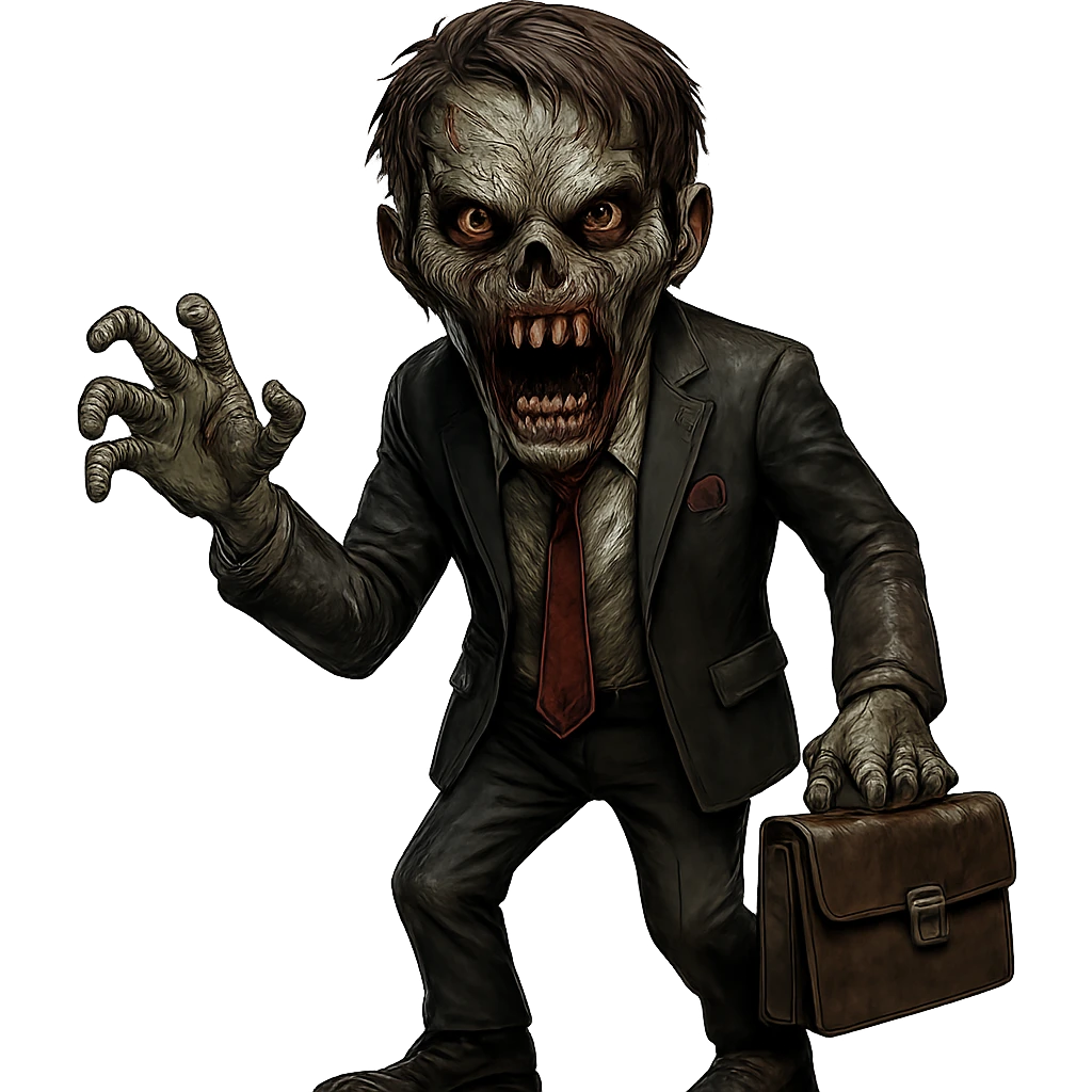 Make the zombie's face scarier while keeping the suit. Remove the background. The style should resemble a scary zombie character with detailed facial features and a frightening expression. emoji