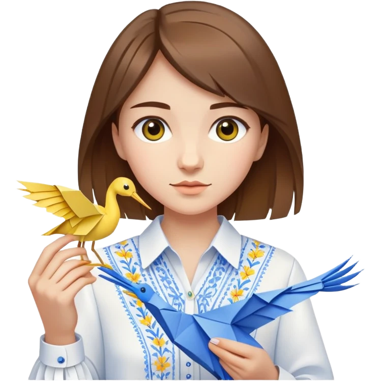 Ukrainian young girl with brown hair wearing a white embroidered shirt holds an origami yellow-blue crane emoji