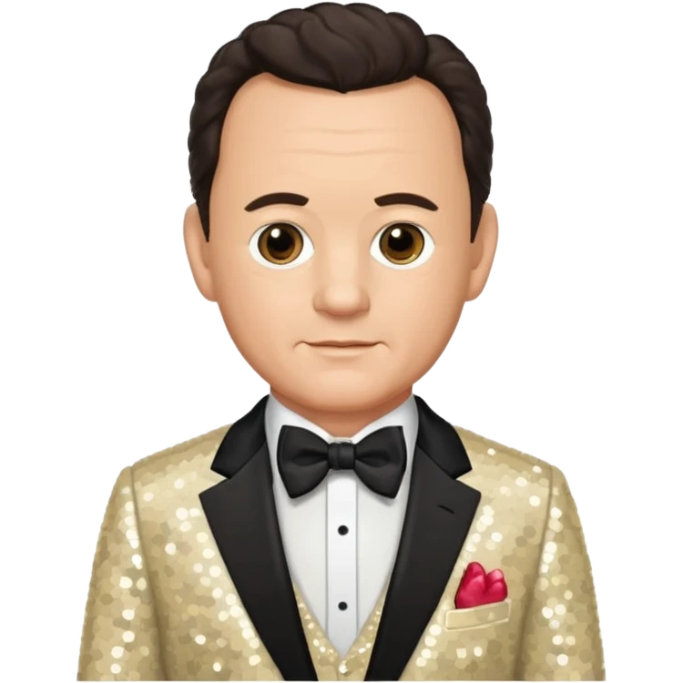 Tom Hanks with dark brown hair, cream sequin suit with bow tie emoji