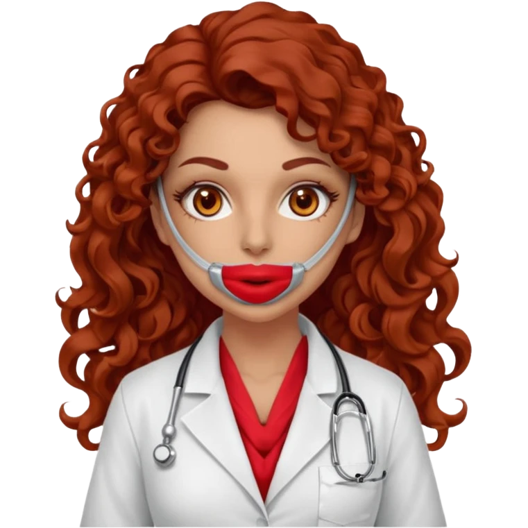 Sensual Spanish Lilith core evil surgeon.red outfit.  Surgeon has hazel eyes. Her hair is BROWN. Hair is also  long and  curly. wearing a sexy surgeon outfit with platform  heels.she is a calculated smart killer. She covers only her mouth and nose with silk scarf to hide identity  emoji