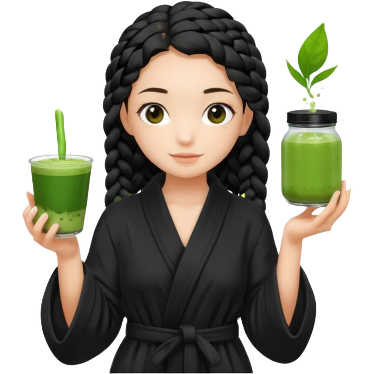 Fair skinned girl, black one braid hair wearing black bathrobe, holding a matcha emoji
