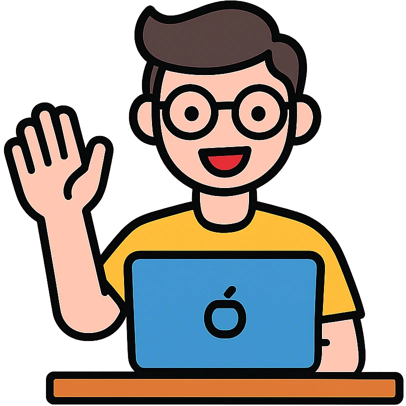 a friendly young coder at a desk with a MacBook, waving hello with a big smile, clean vector illustration emoji